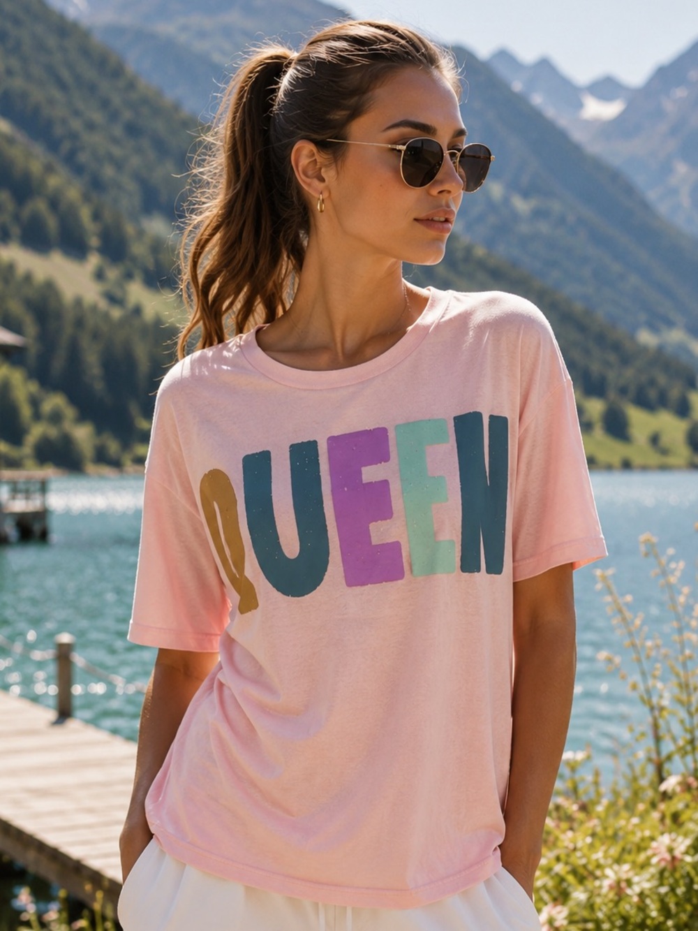 Pink Graphic Tee with Multicolor 'QUEEN' Print